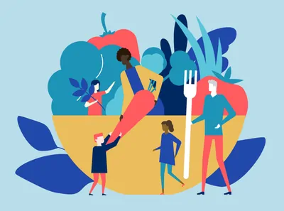 Organic food - flat design style colorful illustration. A composition with male, female characters, family, a big plate of vegetables, vegetarian salad, carrot, pepper, greens. Healthy lifestyle